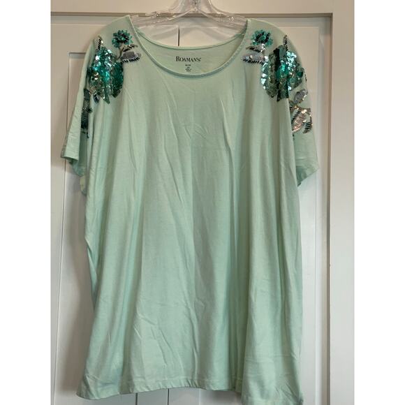 Roaman's Mint green short sleeve tee with sequined embellishments 2X 26/28 - Picture 1 of 11